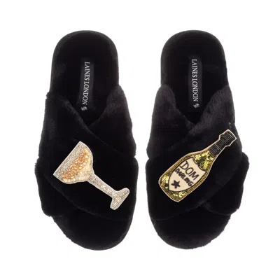 Laines London Women's Classic Laines Slippers With Dom Darling Champagne Brooches - Black