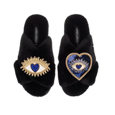 Laines London Women's Classic Laines Slippers With Double Blue Heart & Love Eye Brooches - Black
