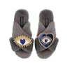Laines London Women's Classic Laines Slippers With Double Blue Heart & Love Eye Brooches - Grey In Grey