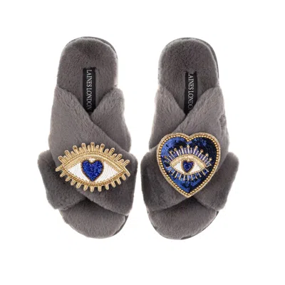 Laines London Women's Classic Laines Slippers With Double Blue Heart & Love Eye Brooches - Grey