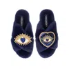 Laines London Women's Classic Laines Slippers With Double Blue Heart & Love Eye Brooches - Navy In Blue