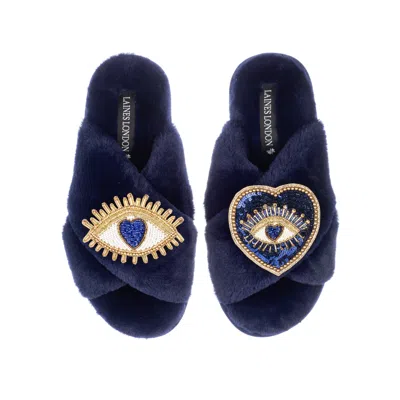 Laines London Women's Classic Laines Slippers With Double Blue Heart & Love Eye Brooches - Navy