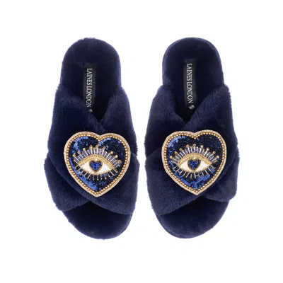 Laines London Women's Classic Laines Slippers With Double Blue Heart Eye Brooches - Navy