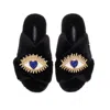 Laines London Women's Classic Laines Slippers With Double Blue Love Eye Brooches - Black In Black