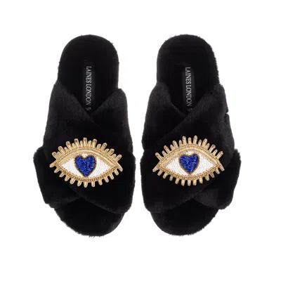 Laines London Women's Classic Laines Slippers With Double Blue Love Eye Brooches - Black