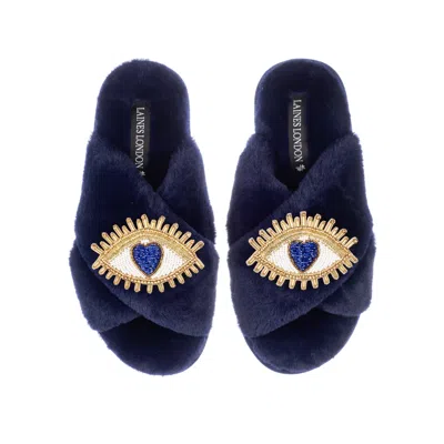 Laines London Women's Classic Laines Slippers With Double Blue Love Eye Brooches - Navy