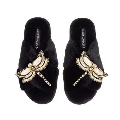 Laines London Women's Classic Laines Slippers With Double Dragonfly Brooches - Black
