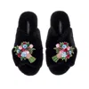 Laines London Women's Classic Laines Slippers With Double Floral Bouquet Brooches - Black In Black