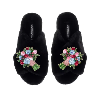 Laines London Women's Classic Laines Slippers With Double Floral Bouquet Brooches - Black