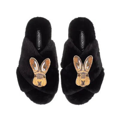 Laines London Women's Classic Laines Slippers With Double Hare Brooches - Black