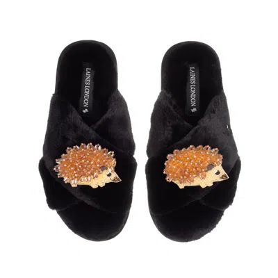Laines London Women's Classic Laines Slippers With Double Hedgehog Brooches - Black