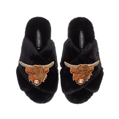 Laines London Women's Classic Laines Slippers With Double Highland Cow Brooches - Black