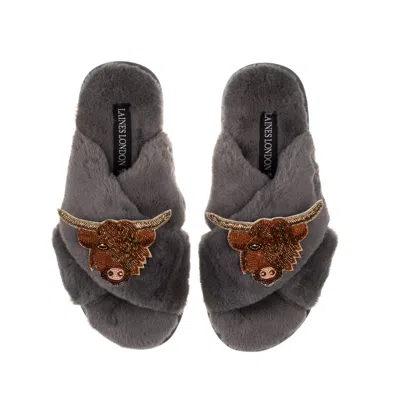 Laines London Women's Classic Laines Slippers With Double Highland Cow Brooches - Grey