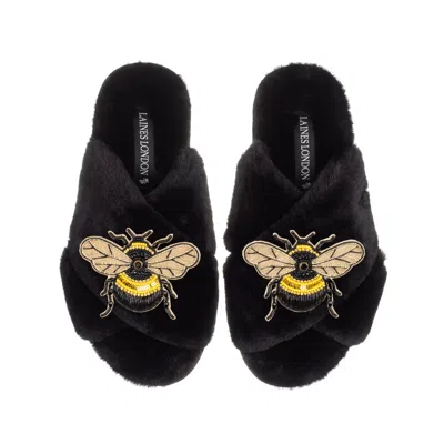 Laines London Women's Classic Laines Slippers With Double Honey Bee Brooches - Black
