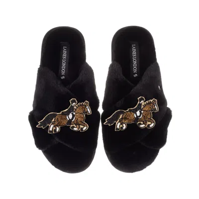 Laines London Women's Classic Laines Slippers With Dressage Horse Brooches - Black