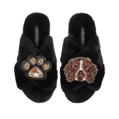 Laines London Women's Classic Laines Slippers With Duke The Brown & White Spaniel & Paw Brooches - Black
