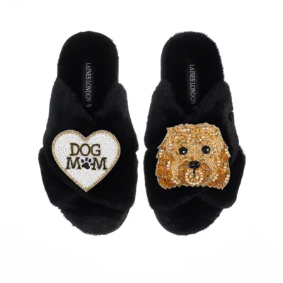 Laines London Women's Classic Laines Slippers With Enki-doo & Dog Mum / Mom Brooches - Black