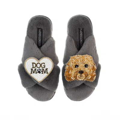 Laines London Women's Classic Laines Slippers With Enki-doo & Dog Mum / Mom Brooches - Grey