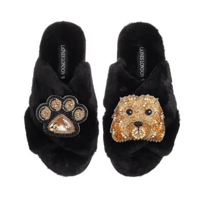 Laines London Women's Classic Laines Slippers With Enki Doo & Paw Brooches - Black