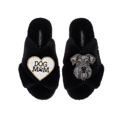 Laines London Women's Classic Laines Slippers With Ernie The Schnauzer & Dog Mum / Mom Brooches - Black
