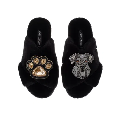 Laines London Women's Classic Laines Slippers With Ernie The Schnauzer & Paw Brooches - Black