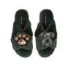 Laines London Women's Classic Laines Slippers With Ernie The Schnauzer & Paw Brooches - Limited Edition Green In Green