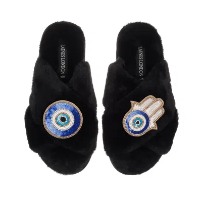 Laines London Women's Classic Laines Slippers With Evil Eye & Hamsa Hand Brooches - Black