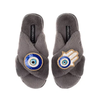 Laines London Women's Classic Laines Slippers With Evil Eye & Hamsa Hand Brooches - Grey