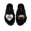 Laines London Women's Classic Laines Slippers With Franki Pug & Dog Mum / Mom Brooches - Black In Black