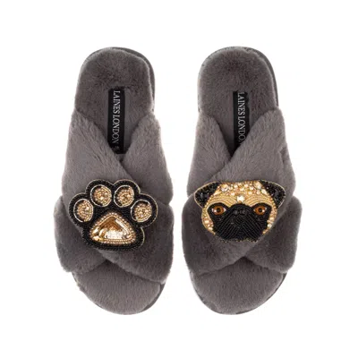Laines London Women's Classic Laines Slippers With Franki Pug & Paw Brooches - Grey In Gray