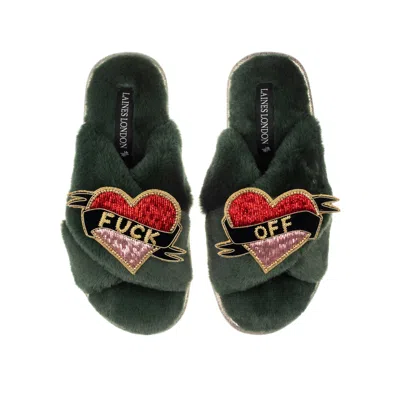 Laines London Women's Classic Laines Slippers With Fuck Off Brooches - Limited Edition Green