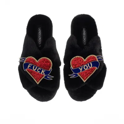 Laines London Women's Classic Laines Slippers With Fuck You Brooches - Black