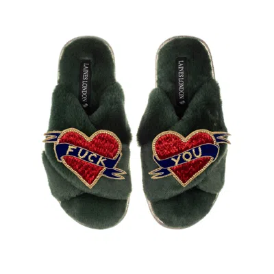 Laines London Women's Classic Laines Slippers With Fuck You Brooches - Limited Edition Green