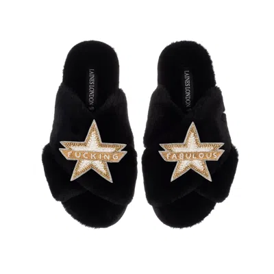 Laines London Women's Classic Laines Slippers With Fucking Fabulous Brooches - Black