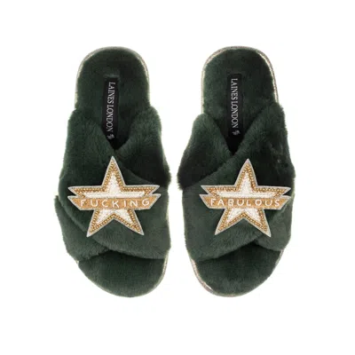Laines London Women's Classic Laines Slippers With Fucking Fabulous Brooches - Limited Edition Green