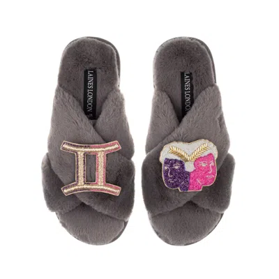 Laines London Women's Classic Laines Slippers With Gemini Zodiac Brooches - Grey