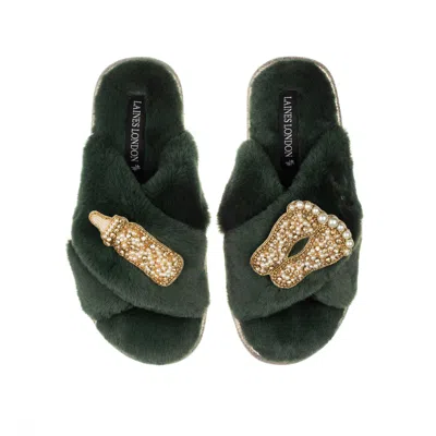 Laines London Women's Classic Laines Slippers With Gold New Baby Brooches - Limited Edition Green
