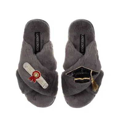 Laines London Women's Classic Laines Slippers With Graduation Brooches - Grey