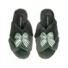 Laines London Women's Classic Laines Slippers With Green Stripe Bow Brooches - Limited Edition Green In Green