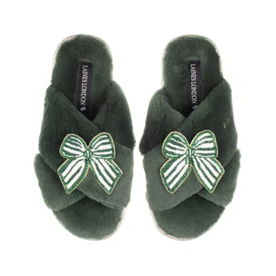 Laines London Women's Classic Laines Slippers With Green Stripe Bow Brooches - Limited Edition Green