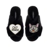Laines London Women's Classic Laines Slippers With Grey Pebbles Cat & Cat Mum / Mom Brooches - Black In Black