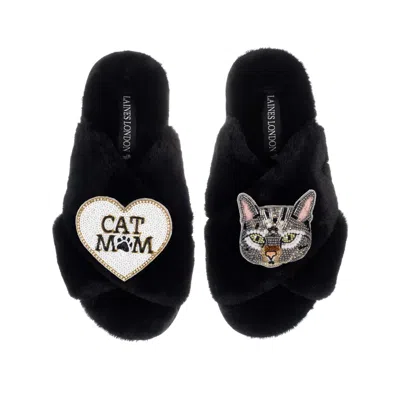 Laines London Women's Classic Laines Slippers With Grey Pebbles Cat & Cat Mum / Mom Brooches - Black