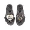 Laines London Women's Classic Laines Slippers With Grey Pebbles Cat & Cat Mum / Mom Brooches - Grey In Grey
