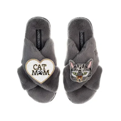 Laines London Women's Classic Laines Slippers With Grey Pebbles Cat & Cat Mum / Mom Brooches - Grey