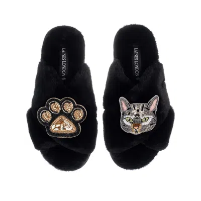 Laines London Women's Classic Laines Slippers With Grey Pebbles Cat & Paw Brooches - Black