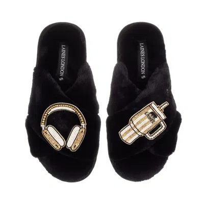Laines London Women's Classic Laines Slippers With Headphones & Quencher Brooches - Black