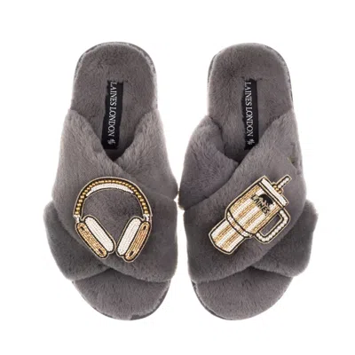 Laines London Women's Classic Laines Slippers With Headphones & Quencher Brooches - Grey In Gray