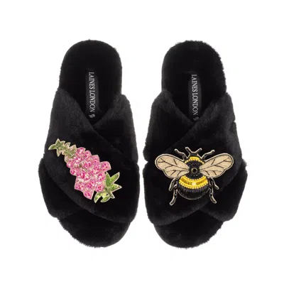 Laines London Women's Classic Laines Slippers With Honey Bee & Pink Foxglove Flowers Brooches - Black