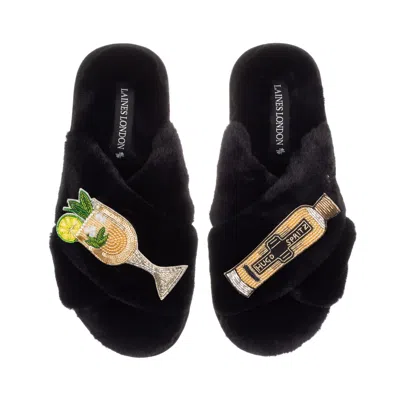Laines London Women's Classic Laines Slippers With Hugo Spritz Brooches - Black