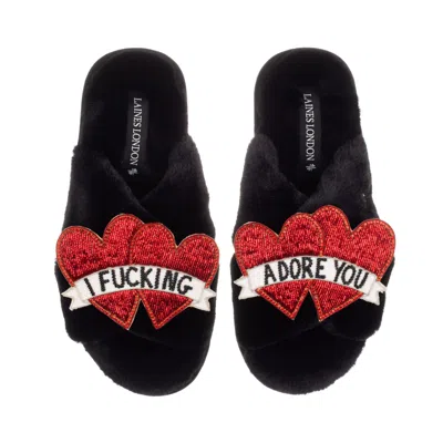 Laines London Women's Classic Laines Slippers With I Fucking Adore You Brooches - Black